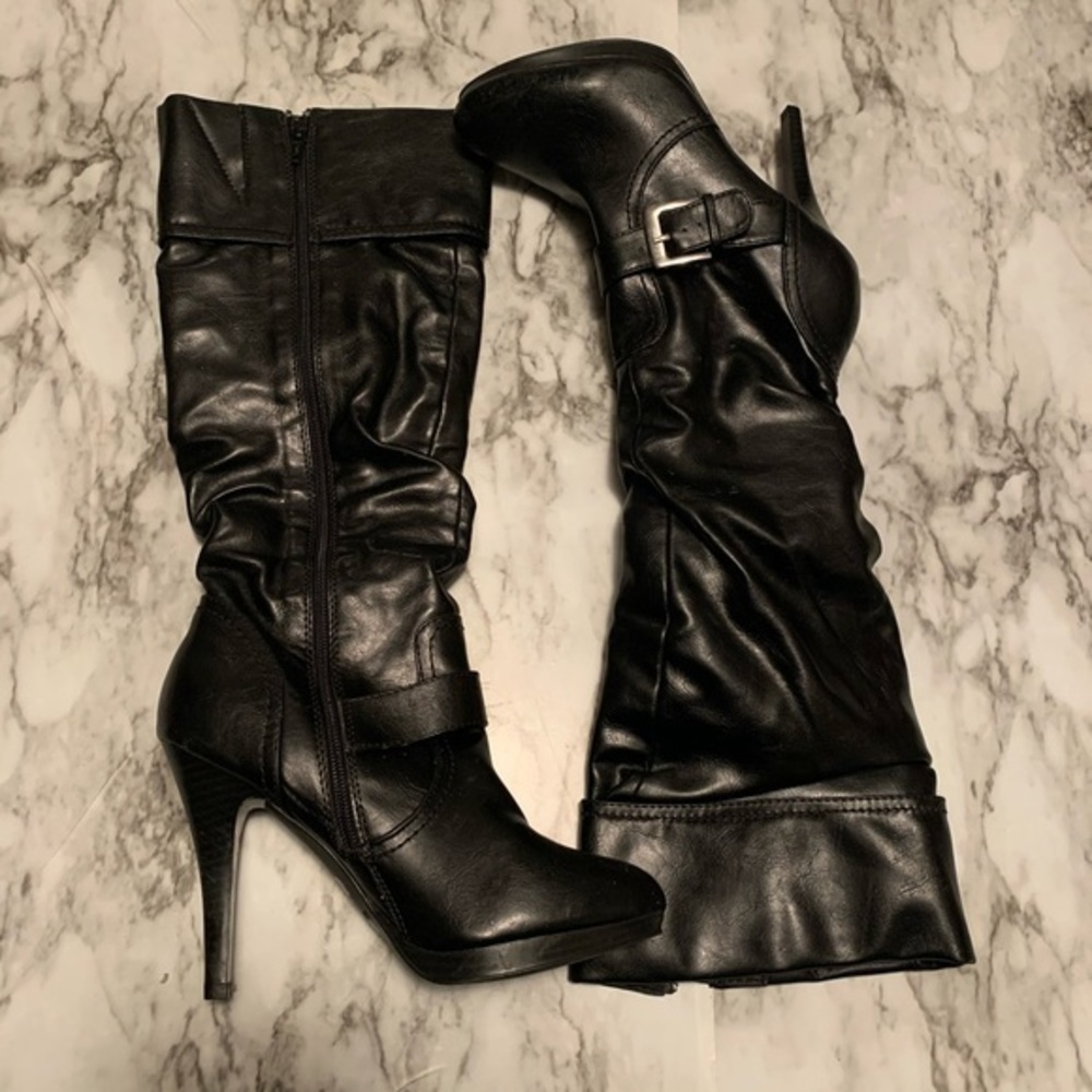 A.N.A. Black Slouchy Heeled Boot w/buckle accent